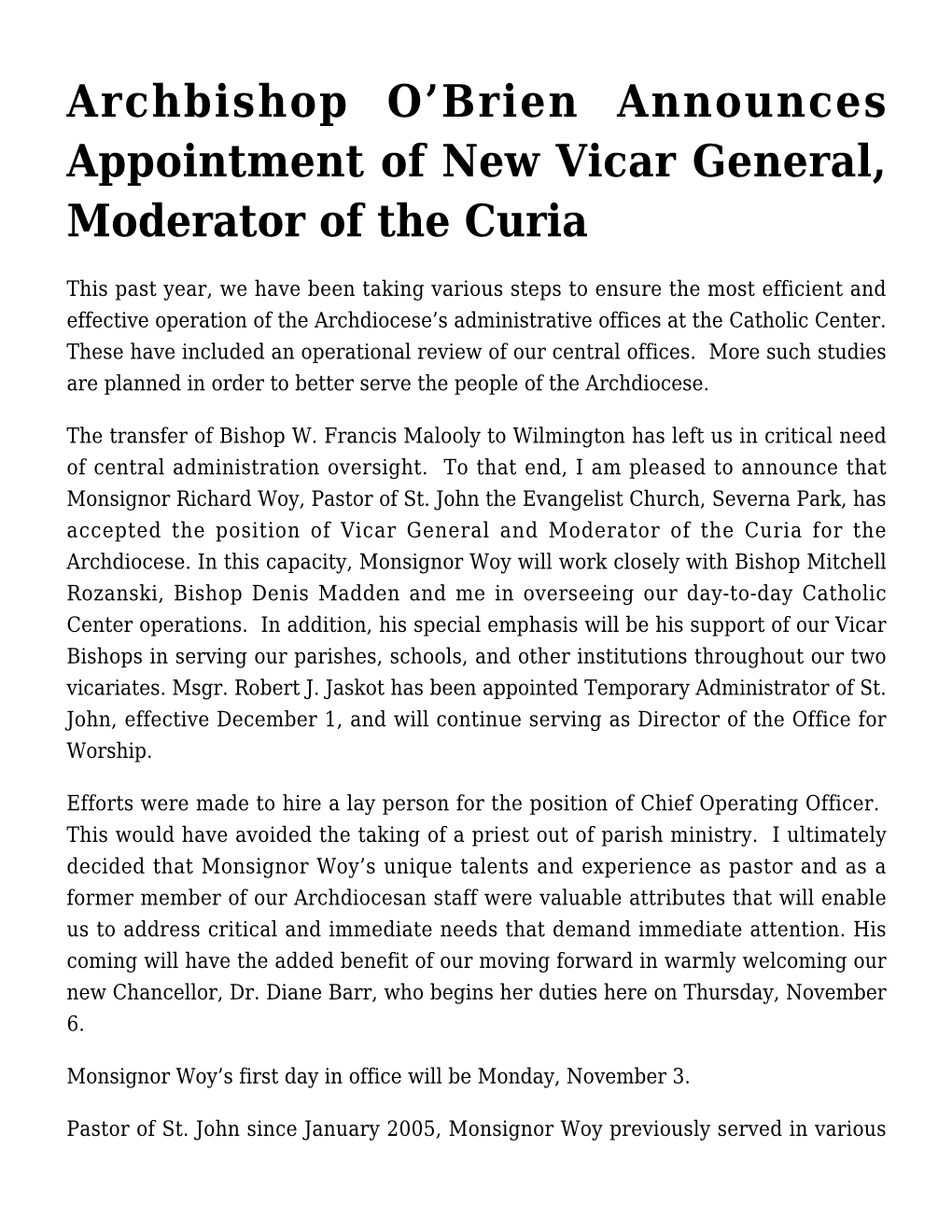 Archbishop O'brien Announces Appointment of New Vicar General