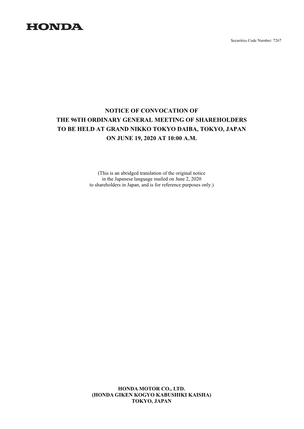 Notice of Convocation of the 96Th Ordinary General Meeting of Shareholders to Be Held at Grand Nikko Tokyo Daiba, Tokyo, Japan