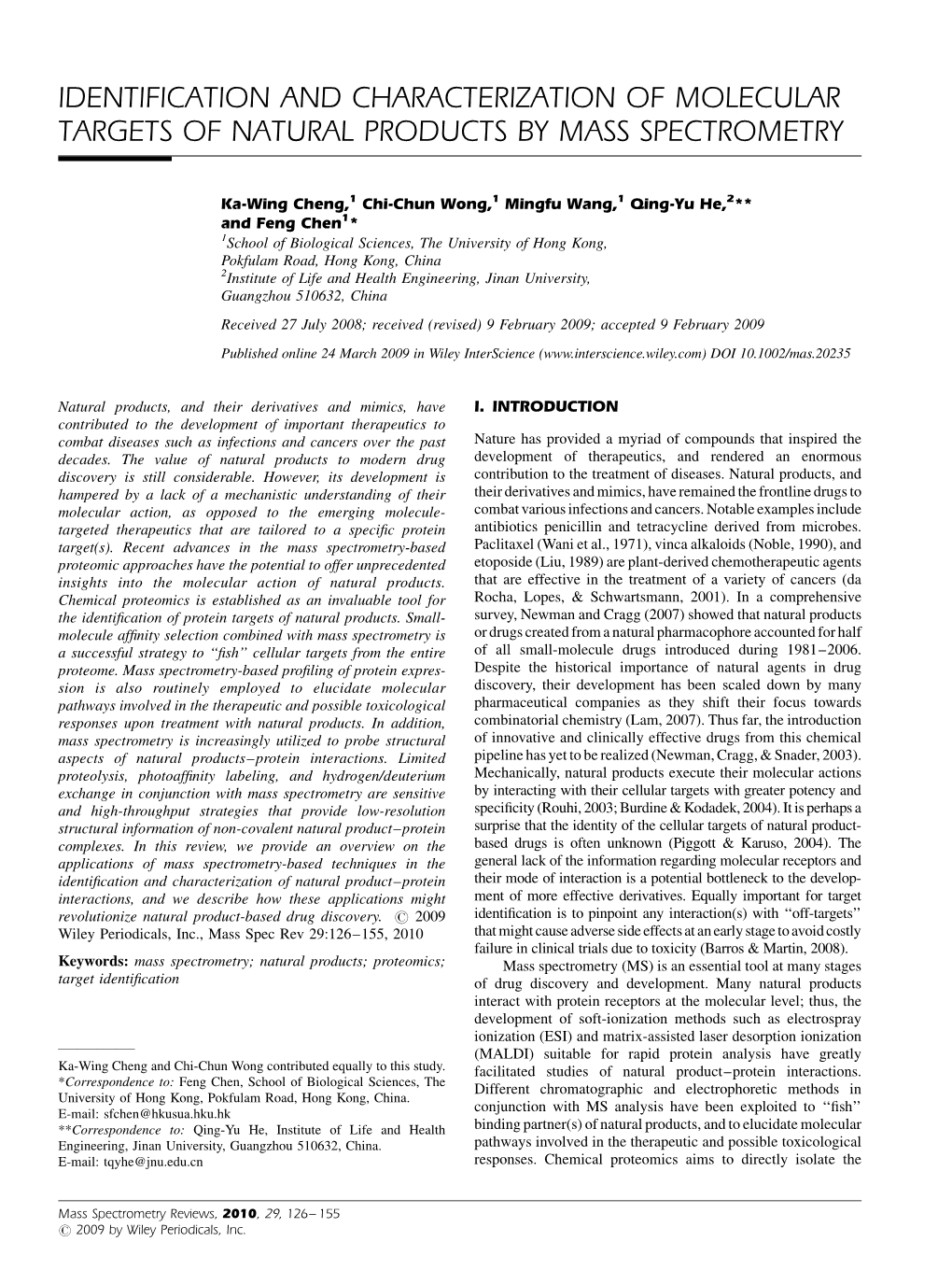 Identification and Characterization of Molecular Targets of Natural Products by Mass Spectrometry