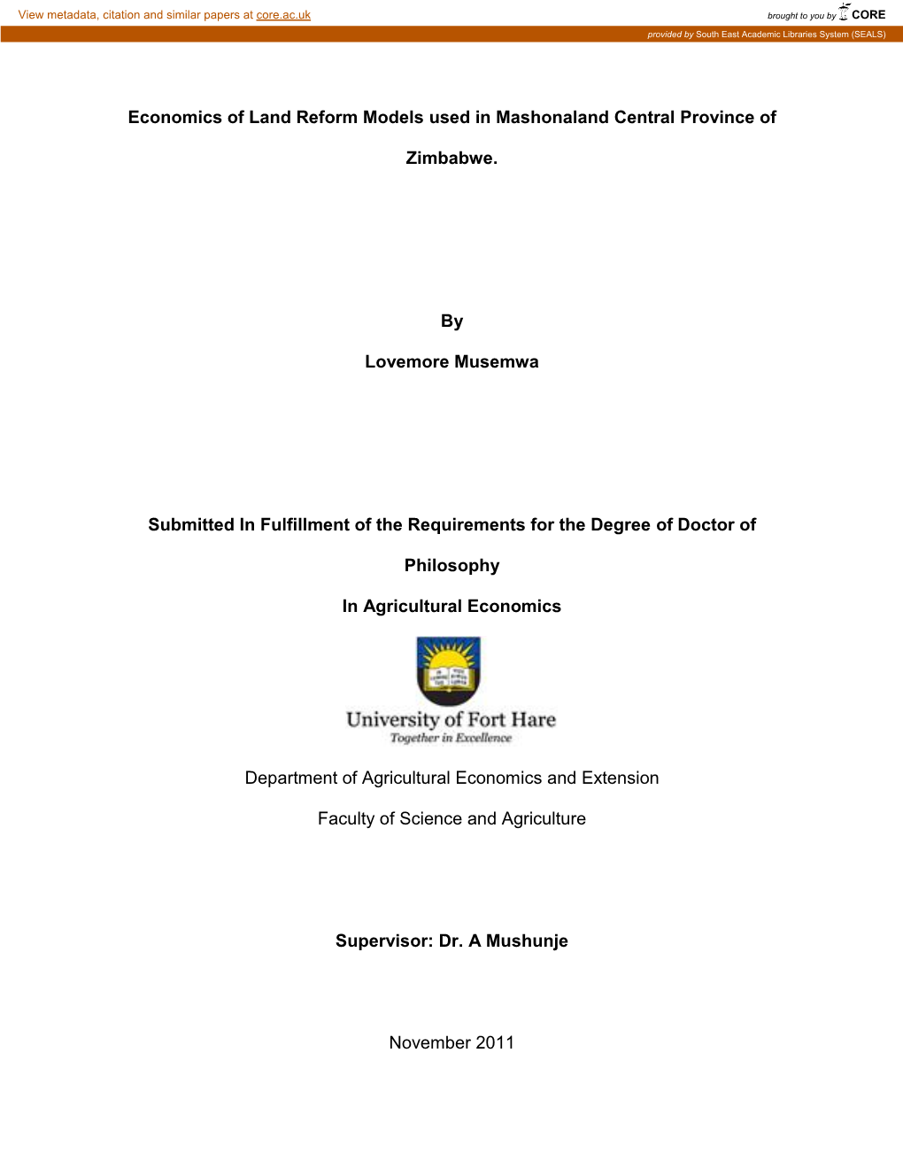 Economics of Land Reform Models Used in Mashonaland Central Province Of