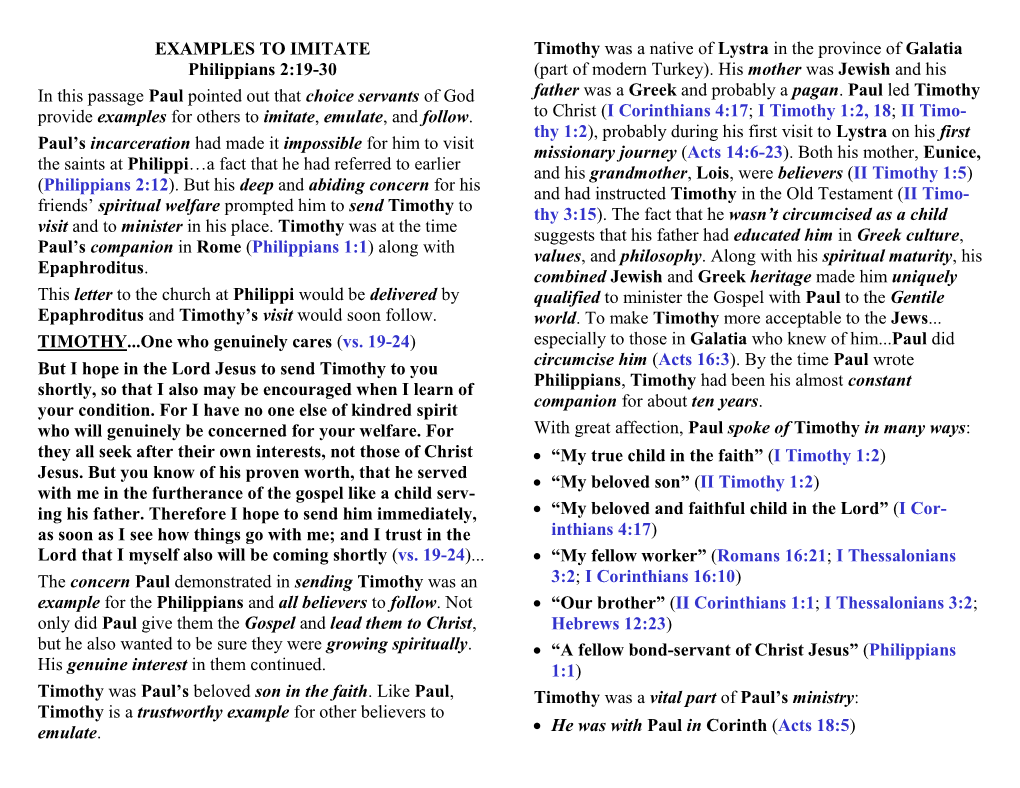 EXAMPLES to IMITATE Philippians 2:19-30