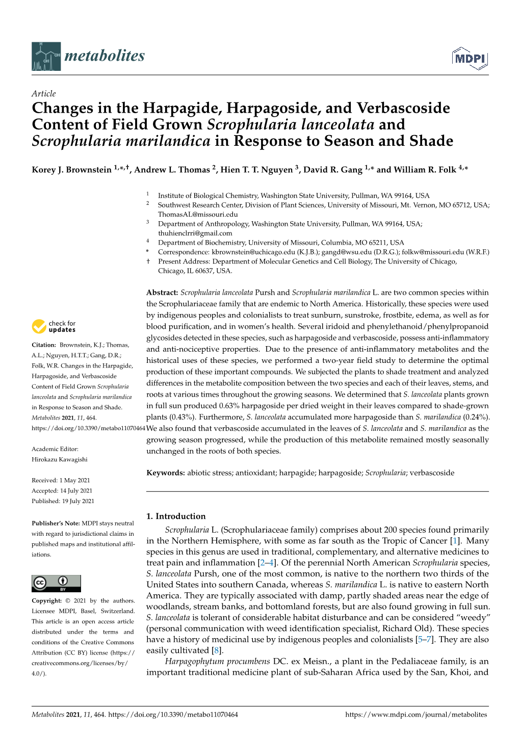 Changes in the Harpagide, Harpagoside, and Verbascoside Content of Field Grown Scrophularia Lanceolata and Scrophularia Marilandica in Response to Season and Shade