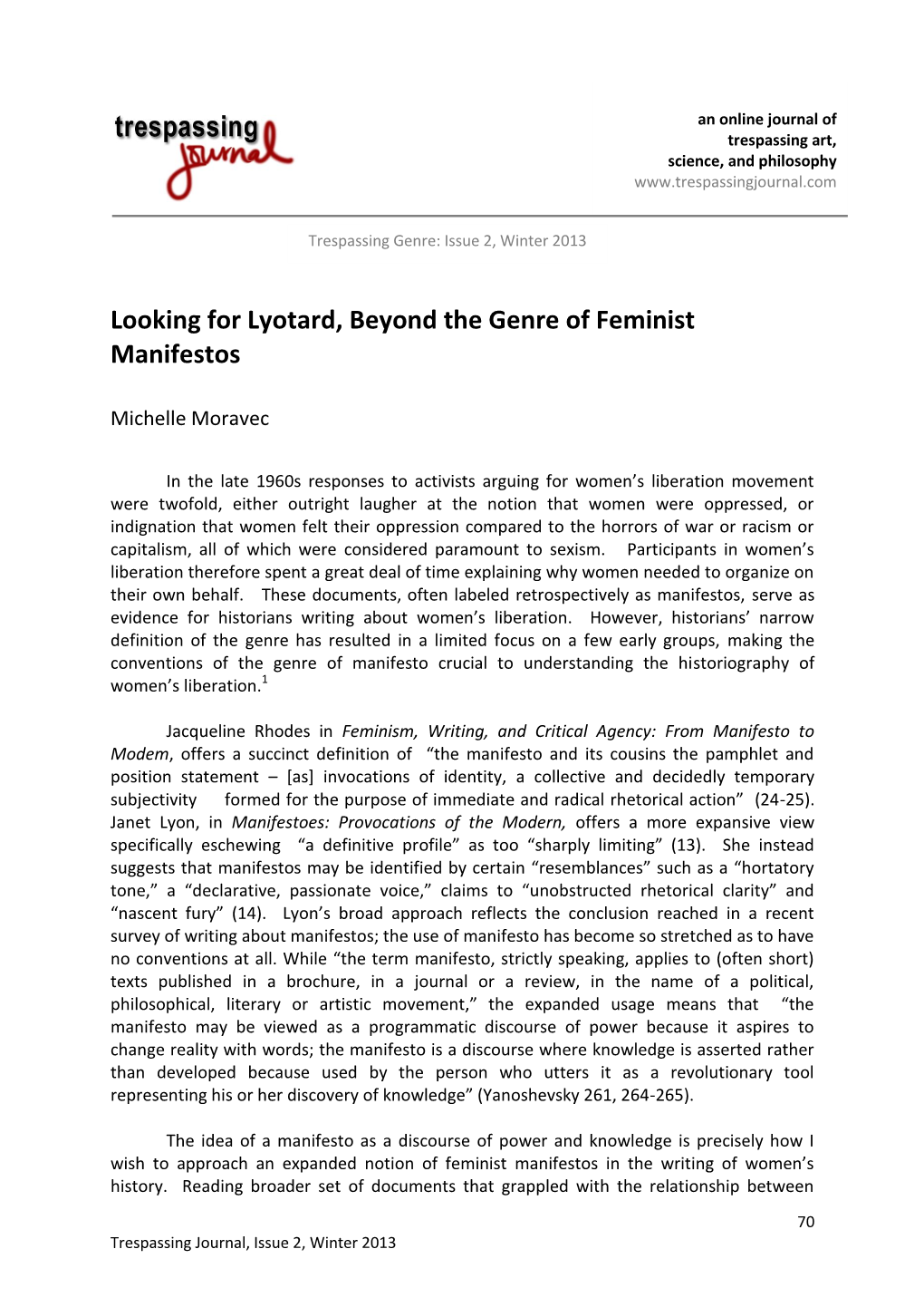 Looking for Lyotard, Beyond the Genre of Feminist Manifestos