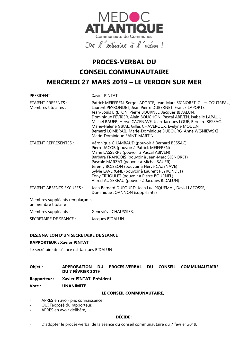 Proces-Verbal Du Conseil Communautaire Mercredi 27 Mars 2019 – Le Verdon Sur Mer