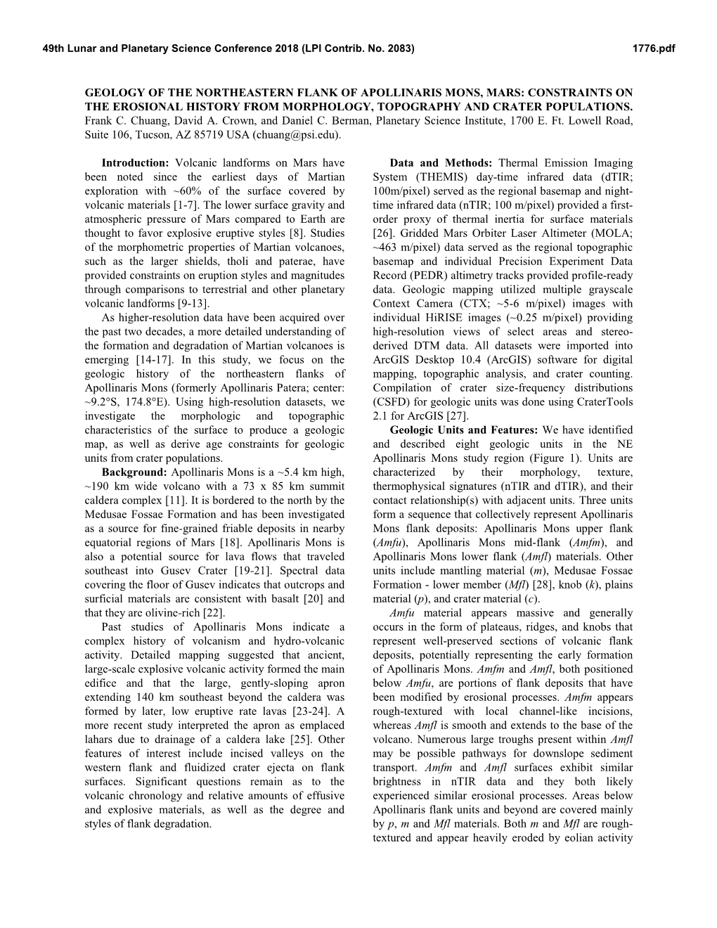 Geology of the Northeastern Flank of Apollinaris Mons, Mars: Constraints on the Erosional History from Morphology, Topography and Crater Populations