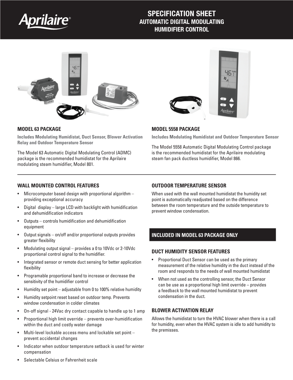 Specification Sheet Automatic Digital Modulating Humidifier Control