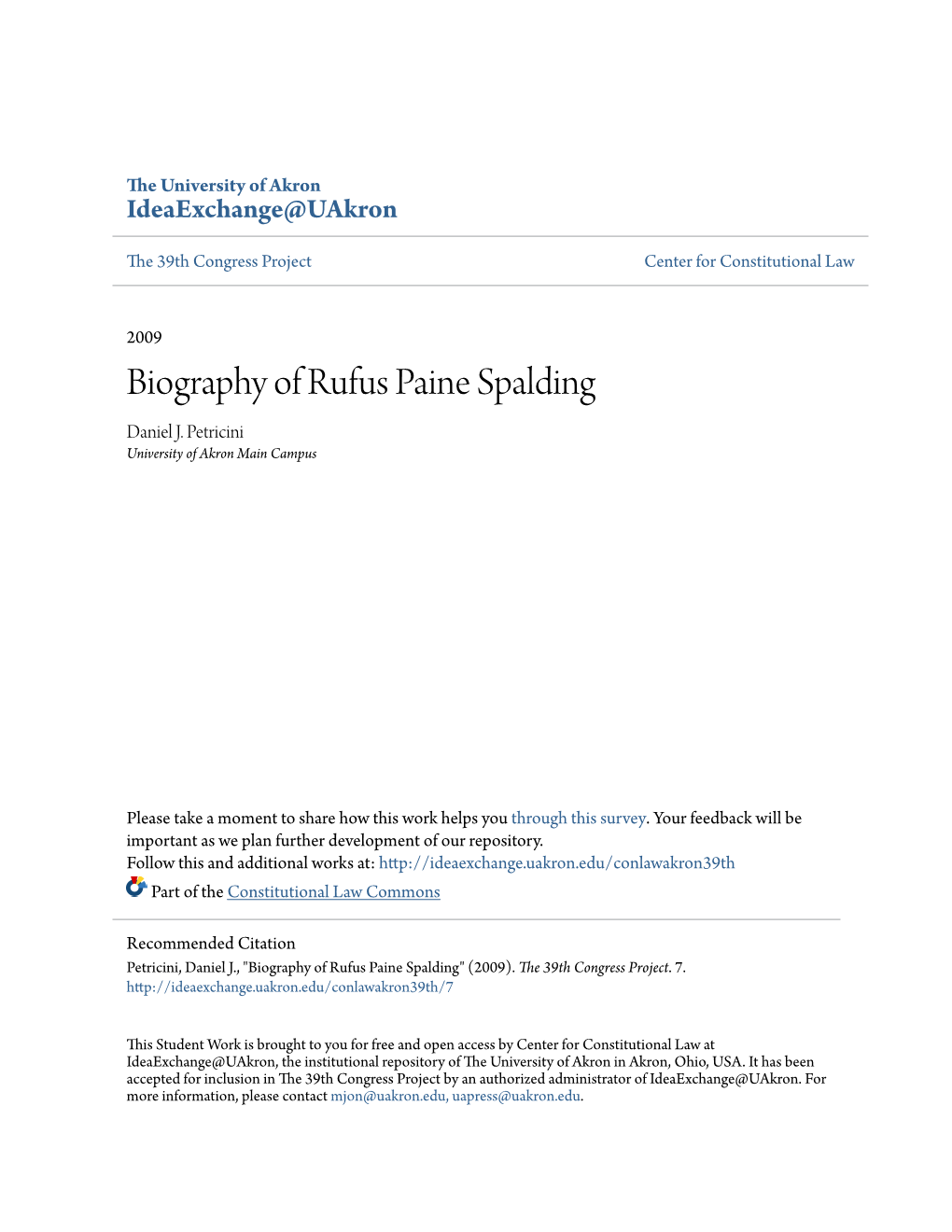 Biography of Rufus Paine Spalding Daniel J