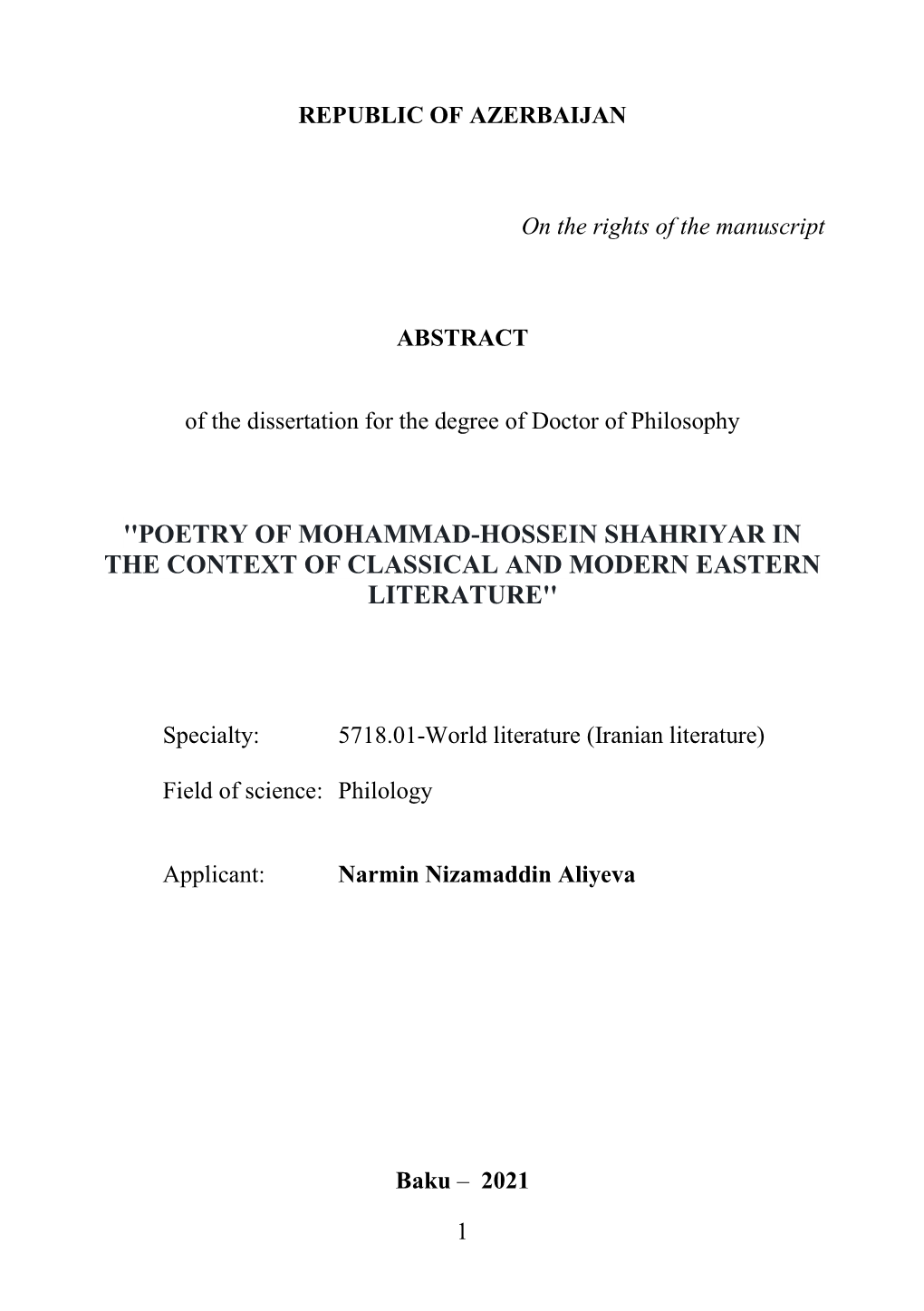 ''Poetry of Mohammad-Hossein Shahriyar in the Context of Classical and Modern Eastern Literature''