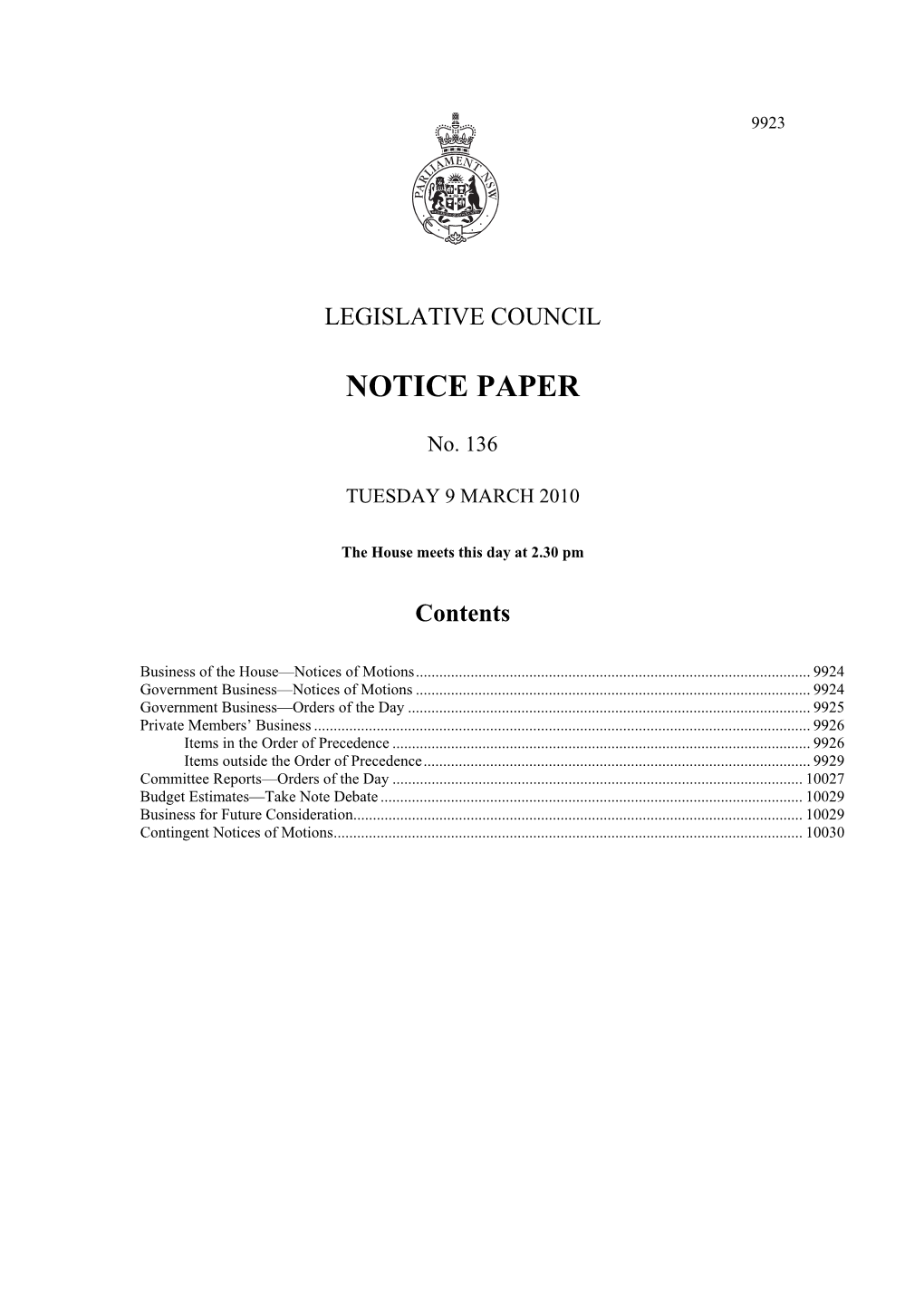 Notice Paper No. 136—Tuesday 9 March 2010