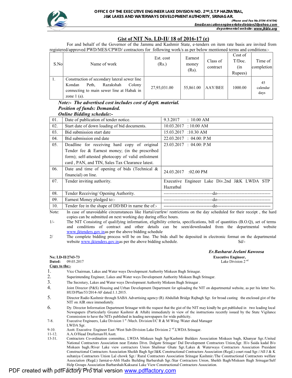 Gist of NIT No. LD-II/ 18 of 2016-17