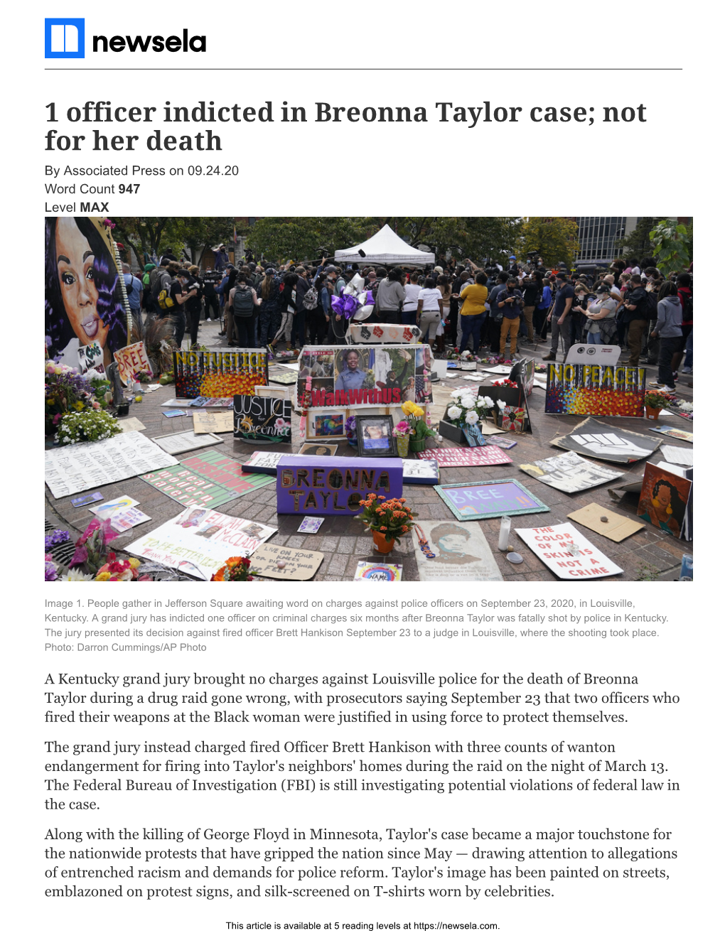 1 Officer Indicted in Breonna Taylor Case; Not for Her Death by Associated Press on 09.24.20 Word Count 947 Level MAX