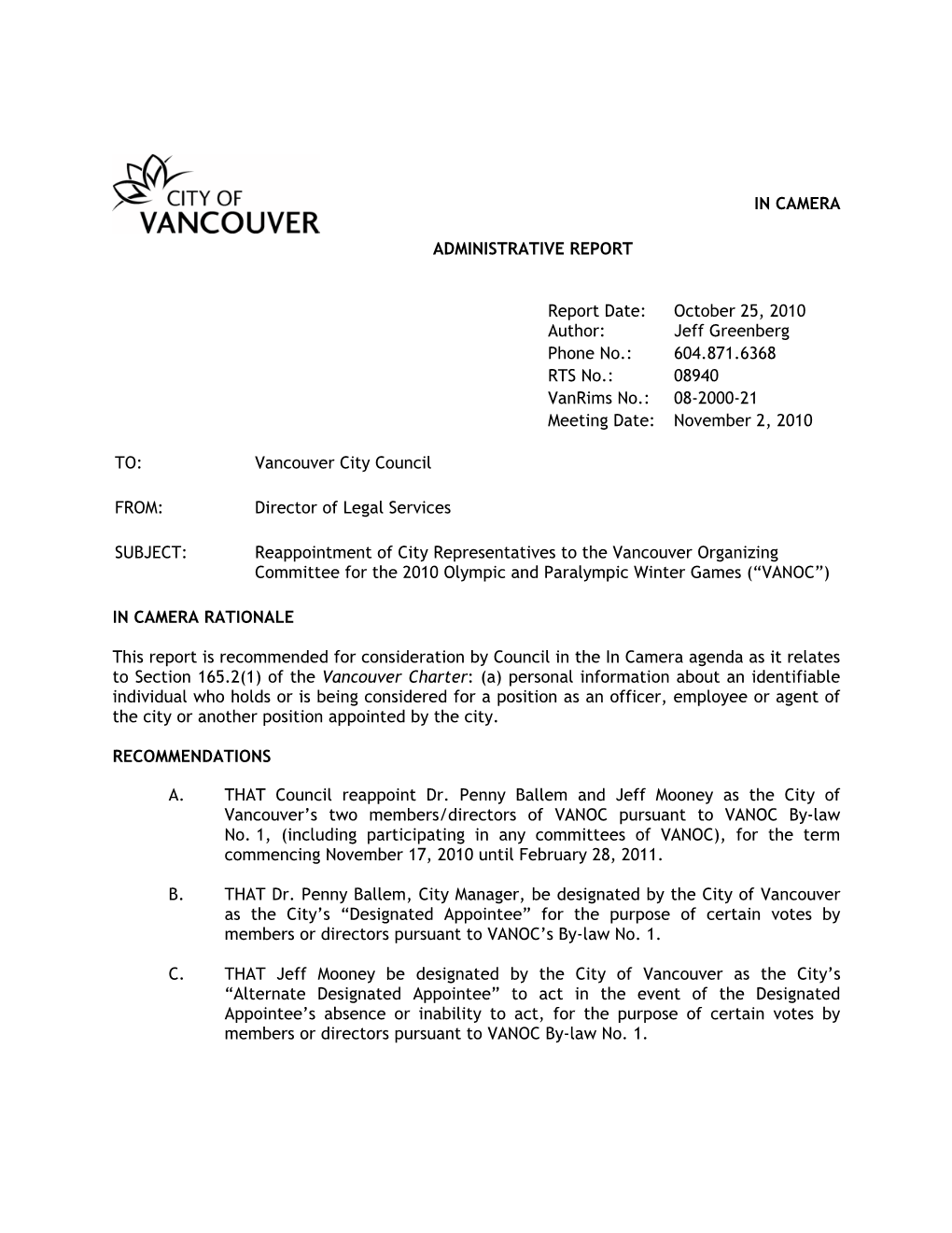 Reappointment of City Representatives to the Vancouver Organizing Committee for the 2010 Olympic and Paralympic Winter Games (“VANOC”)