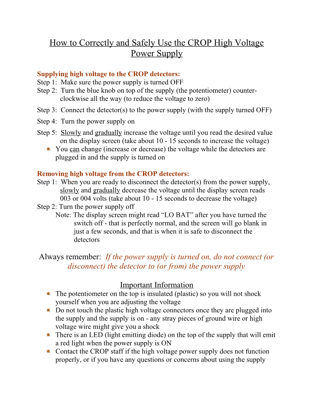 How to Correctly and Safely Use the CROP High Voltage Power Supply