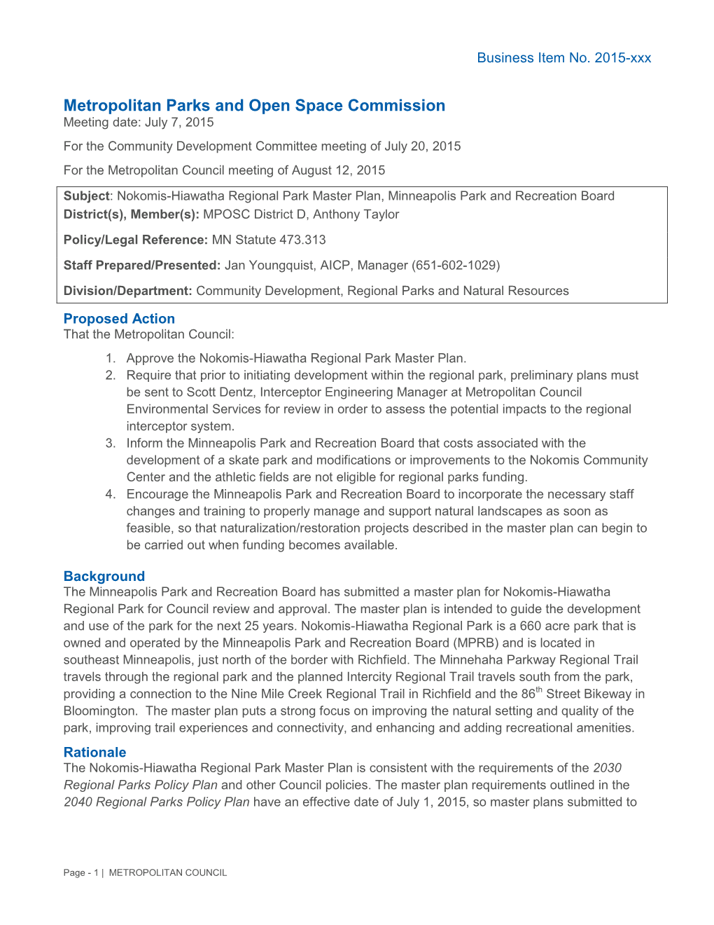 Nokomis-Hiawatha Regional Park Master Plan