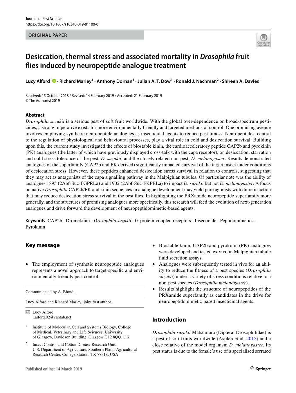 Desiccation, Thermal Stress and Associated Mortality in Drosophila Fruit Fies Induced by Neuropeptide Analogue Treatment