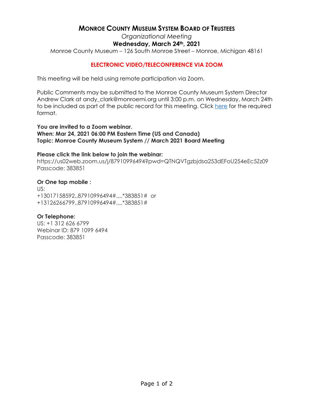 Organizational Meeting Wednesday, March 24Th, 2021 Monroe County Museum – 126 South Monroe Street – Monroe, Michigan 48161