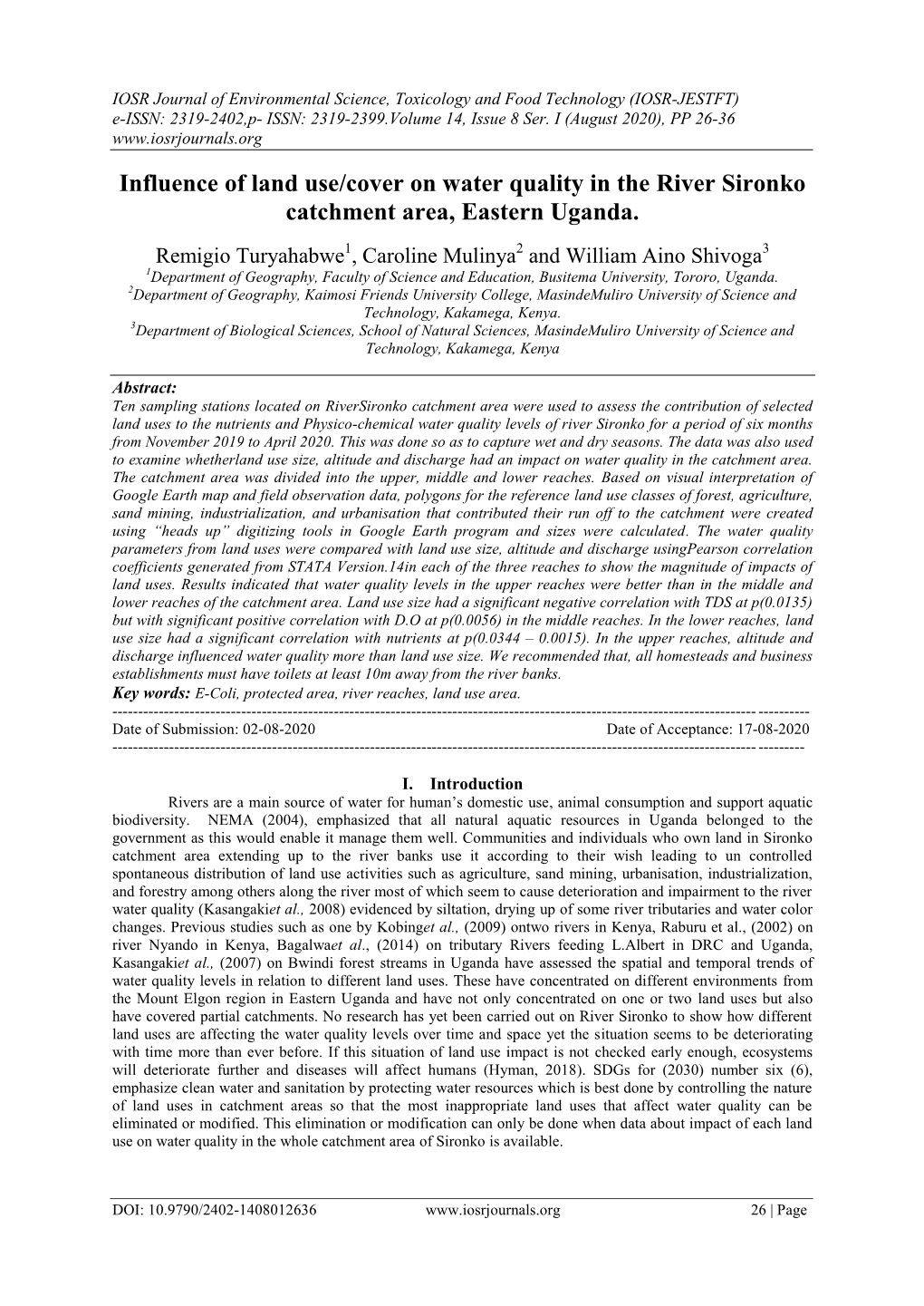 Influence of Land Use/Cover on Water Quality in the River Sironko Catchment Area, Eastern Uganda