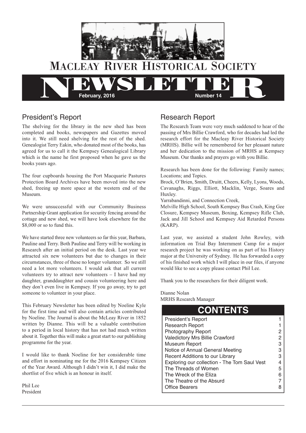 NEWSLETTER February, 2016 Number 14