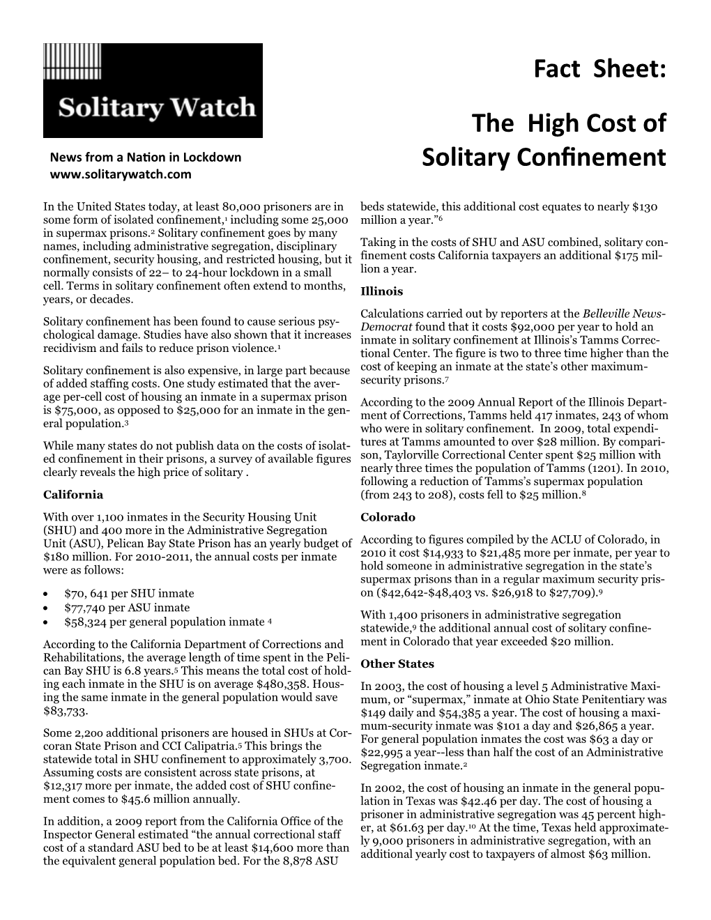 Fact Sheet: the High Cost of Solitary Confinement