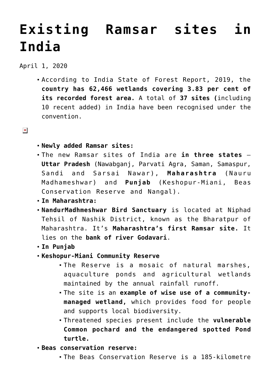 Existing Ramsar Sites in India