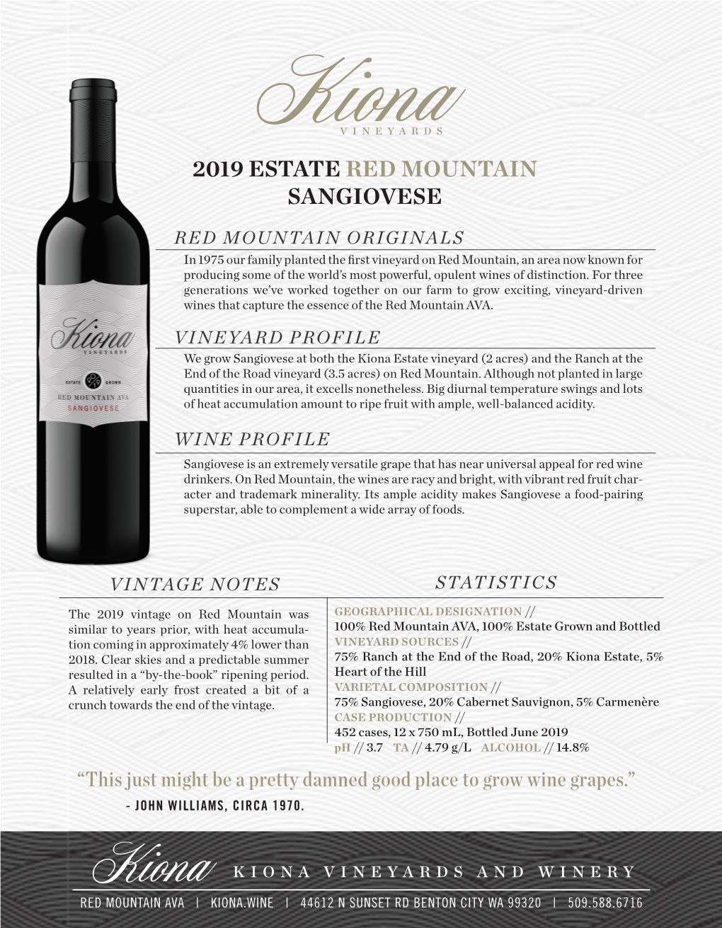 2019 Estate Red Mountain Sangiovese Tech