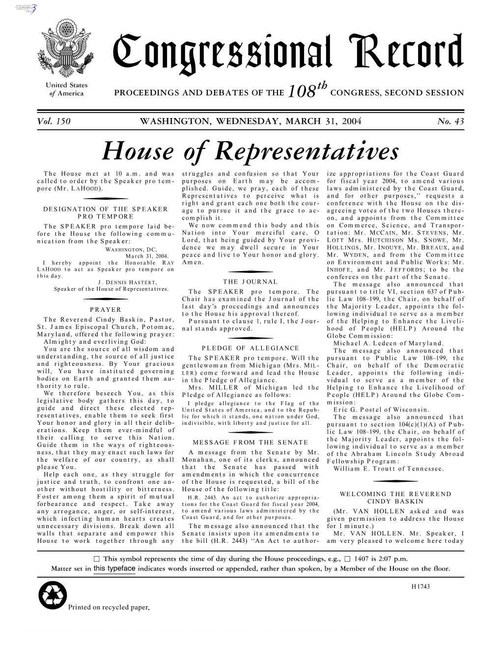 Congressional Record United States Th of America PROCEEDINGS and DEBATES of the 108 CONGRESS, SECOND SESSION