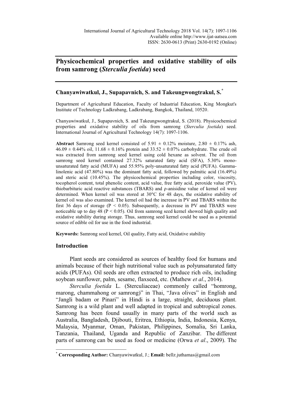 Physicochemical Properties and Oxidative Stability of Oils from Samrong (Sterculia Foetida) Seed