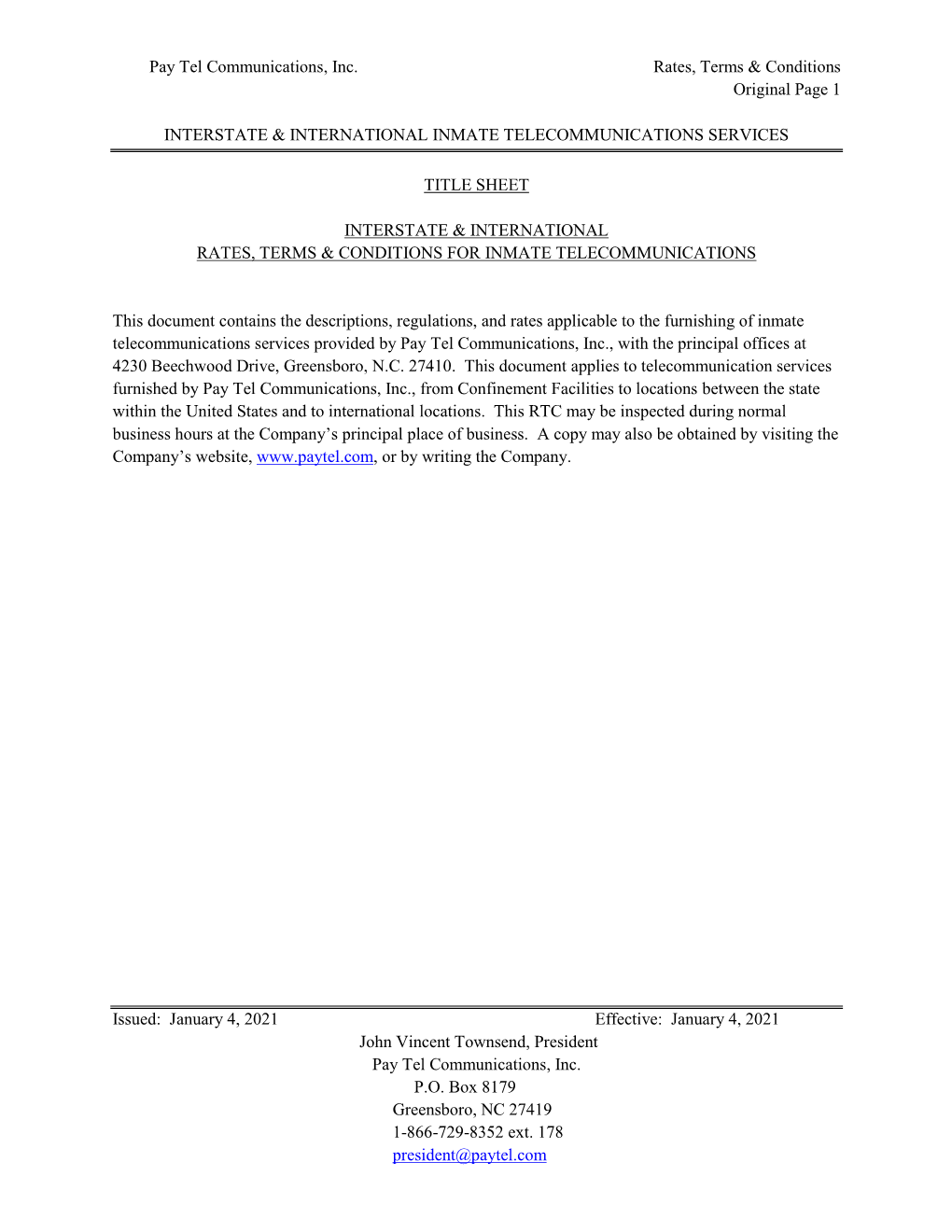 Pay Tel Communications, Inc. Rates, Terms & Conditions Original Page 1