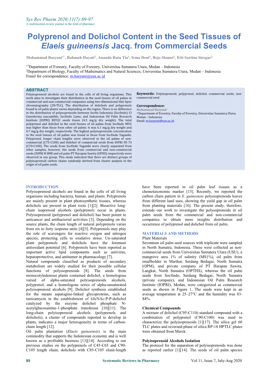 Polyprenol and Dolichol Content in the Seed Tissues of Elaeis Guineensis Jacq