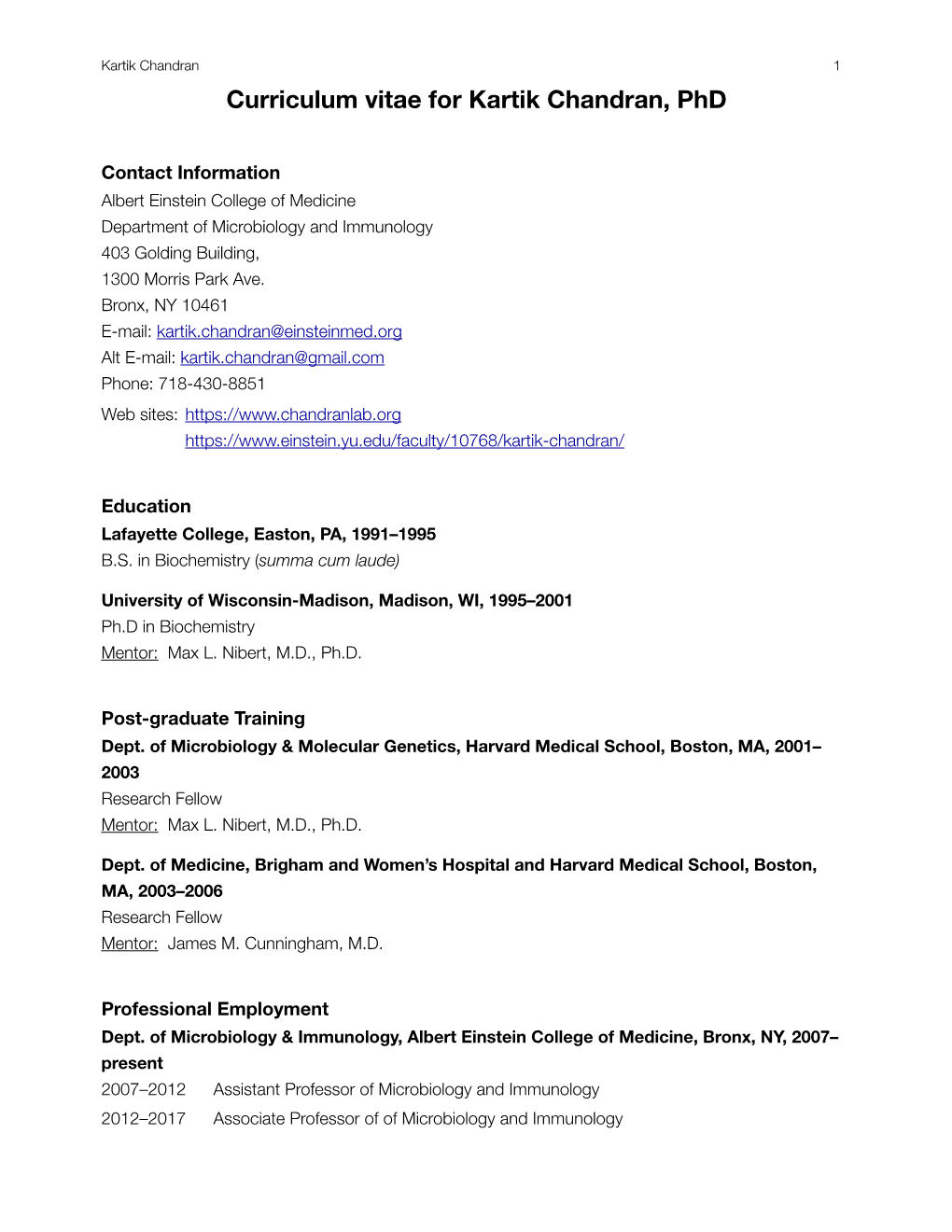 Curriculum Vitae for Kartik Chandran, Phd