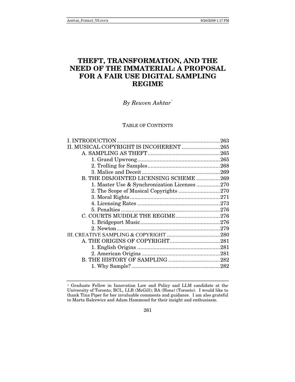 Theft, Transformation, and the Need of the Immaterial: a Proposal for a Fair Use Digital Sampling Regime