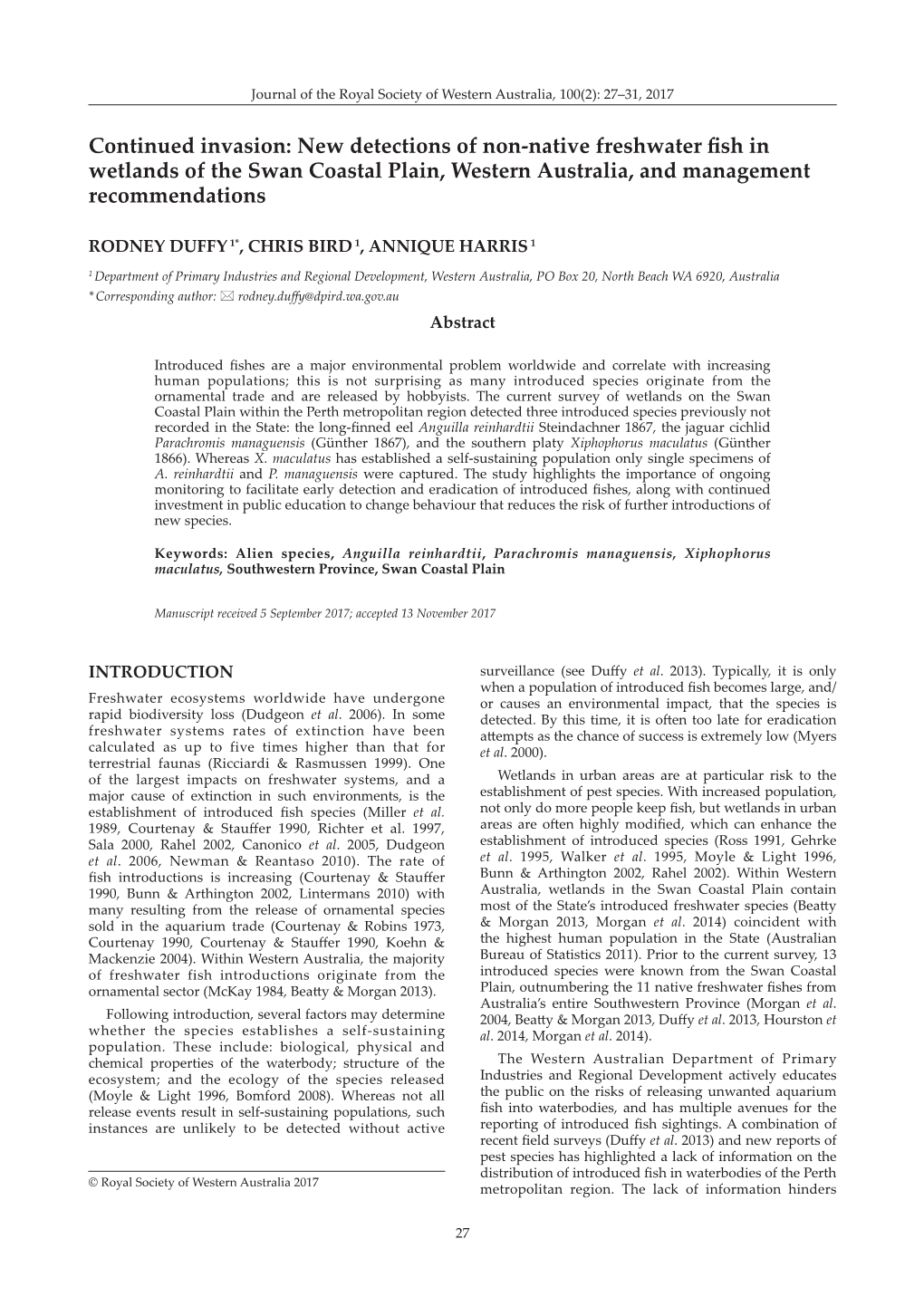 New Detections of Non-Native Freshwater Fish in Wetlands of the Swan Coastal Plain, Western Australia, and Management Recommendations