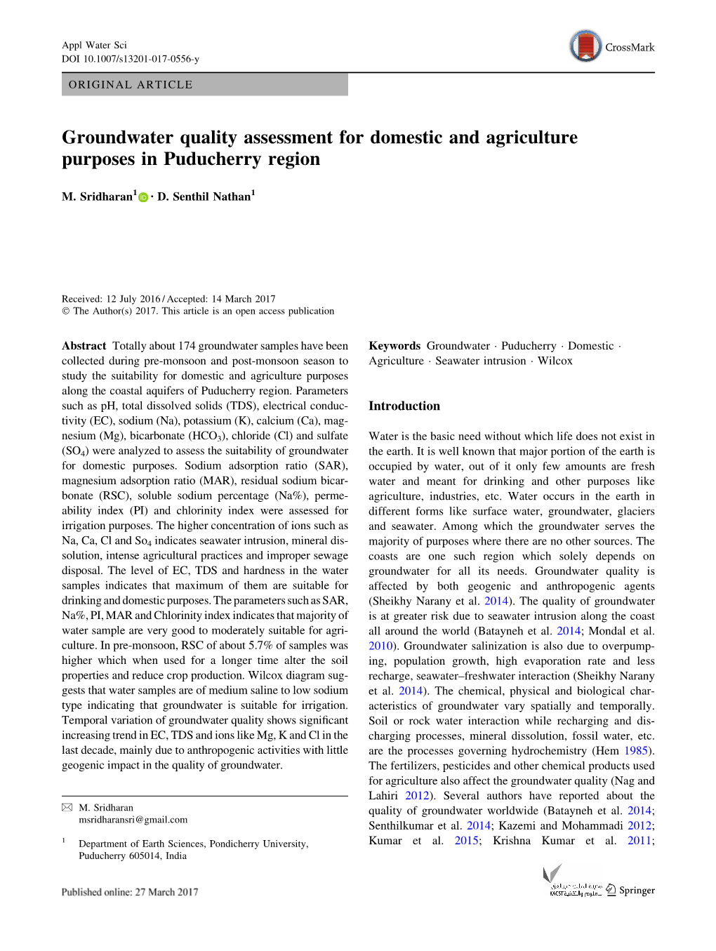 Groundwater Quality Assessment for Domestic and Agriculture Purposes in Puducherry Region