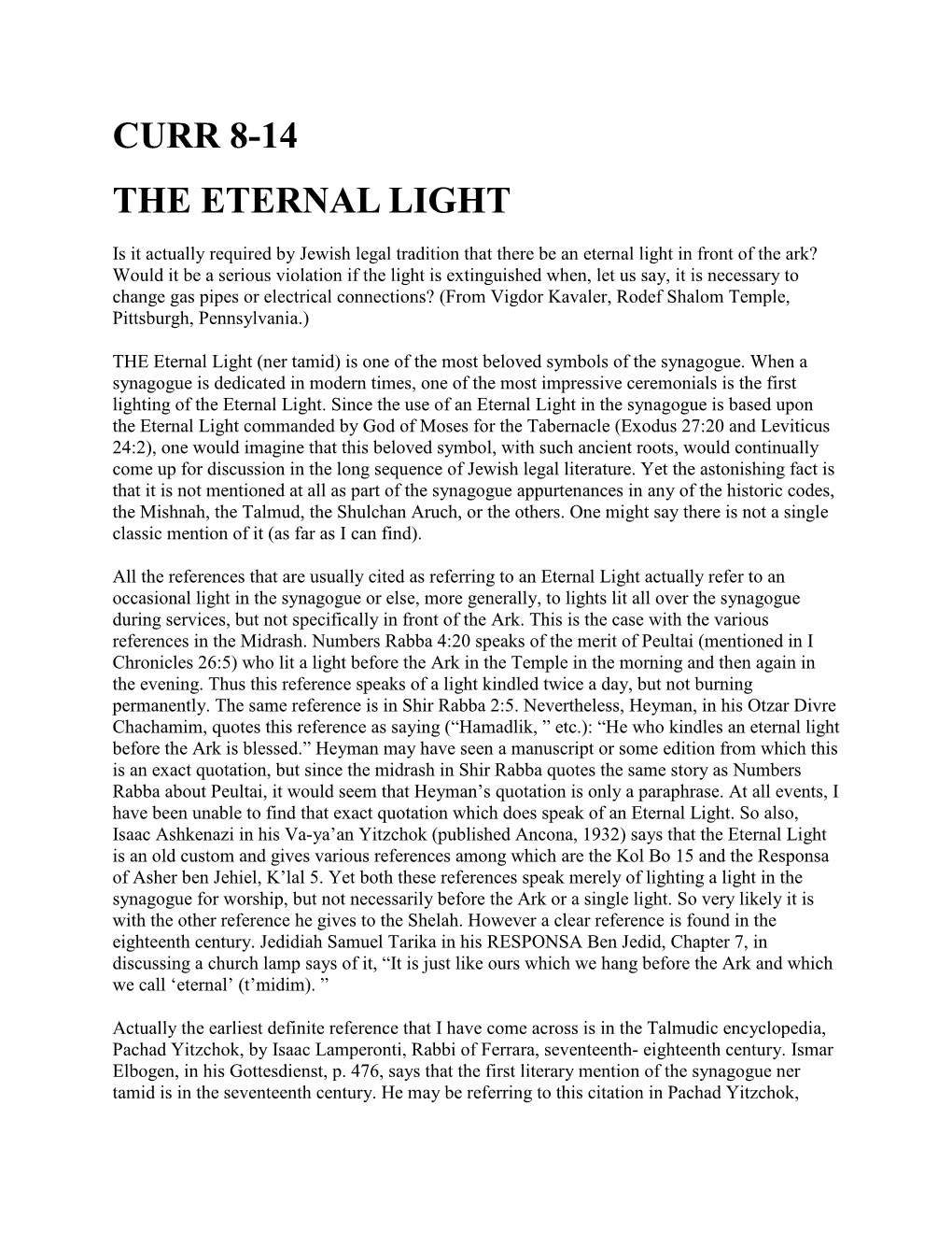 Curr 8-14 the Eternal Light