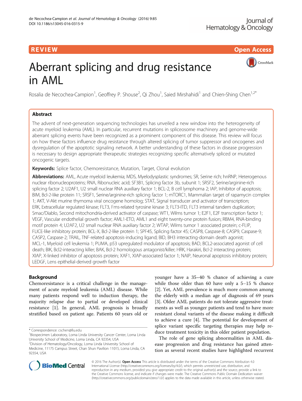 Aberrant Splicing and Drug Resistance in AML Rosalia De Necochea-Campion1, Geoffrey P