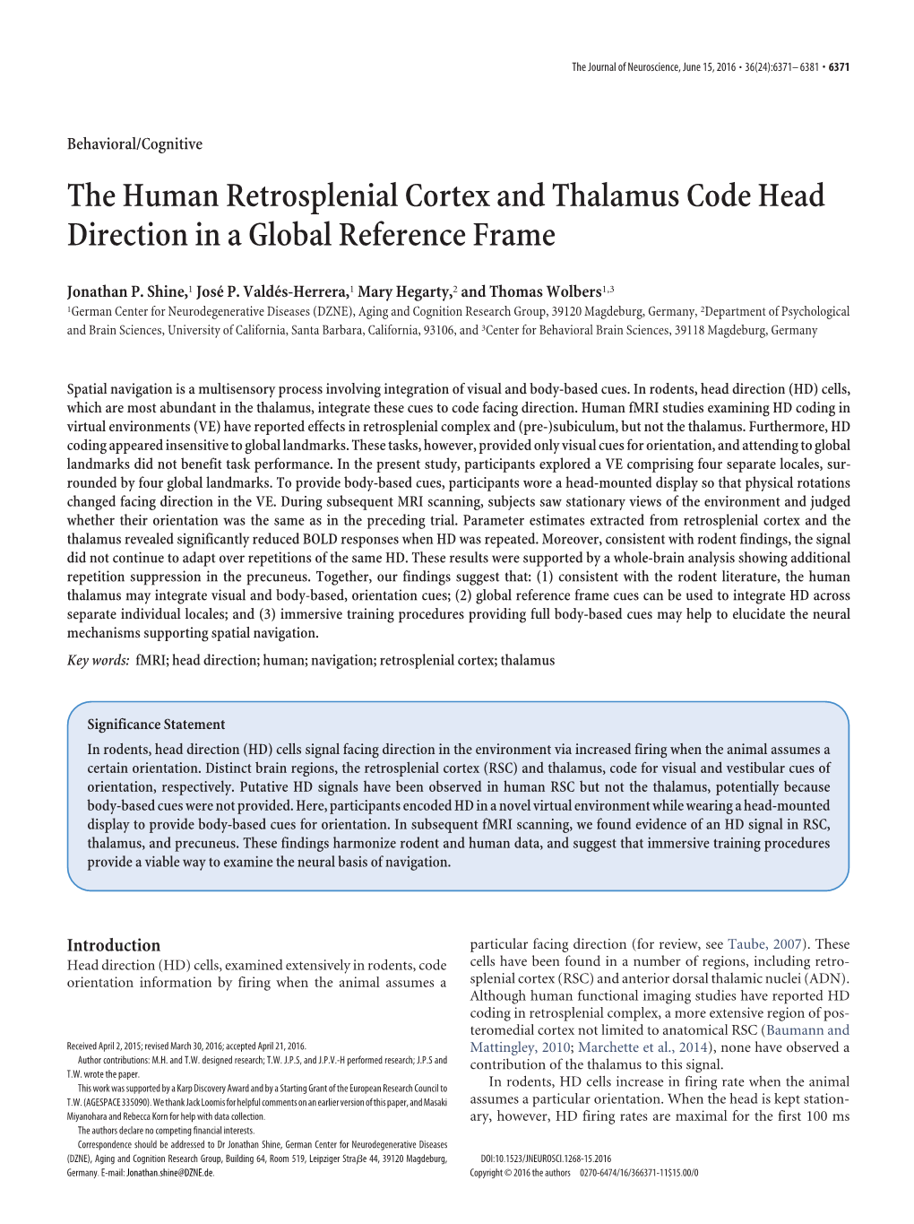 The Human Retrosplenial Cortex and Thalamus Code Head Direction in a Global Reference Frame