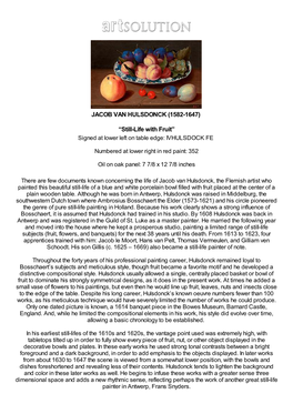 JACOB VAN HULSDONCK (1582-1647) “Still-Life with Fruit”