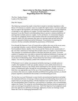 Open Letter to the Hon. Stephen Harper from Law Professors Regarding Same-Sex Marriage the Hon. Stephen Harper Leader of the Op