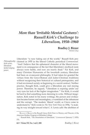 'Irritable Mental Gestures': Russell Kirk's Challenge to Liberalism