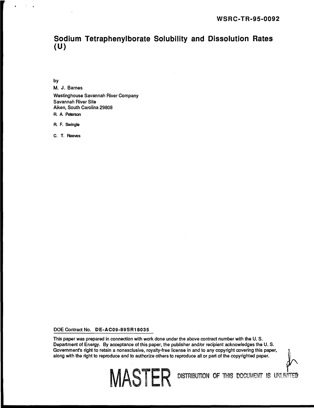 Sodium Tetraphenylborate Solubility and Dissolution Rates (U)