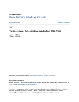 The Seventh-Day Adventist Church in Malawi, 1900-1980