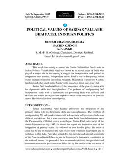 Political Values of Sardar Vallabh Bhai Patel in Indian Politics
