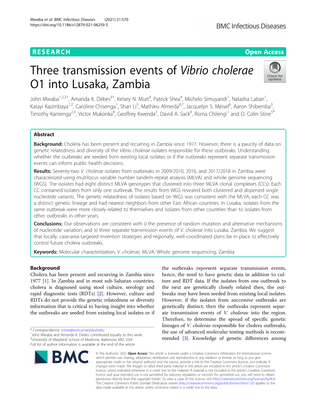 Three Transmission Events of Vibrio Cholerae O1 Into Lusaka, Zambia John Mwaba1,2,3†, Amanda K