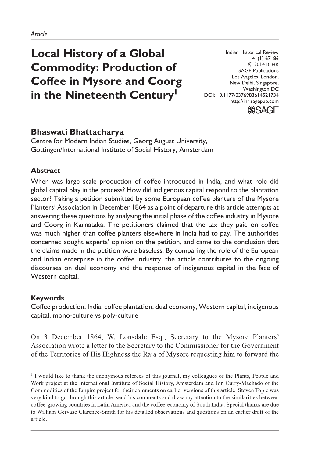 Production of Coffee in Mysore and Coorg in the Nineteenth Century1