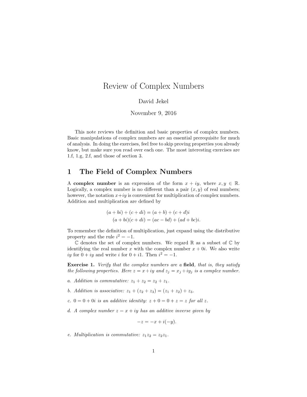 Review of Complex Numbers