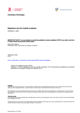 Magnesium and Zinc Hydride Complexes Intemann, Julia