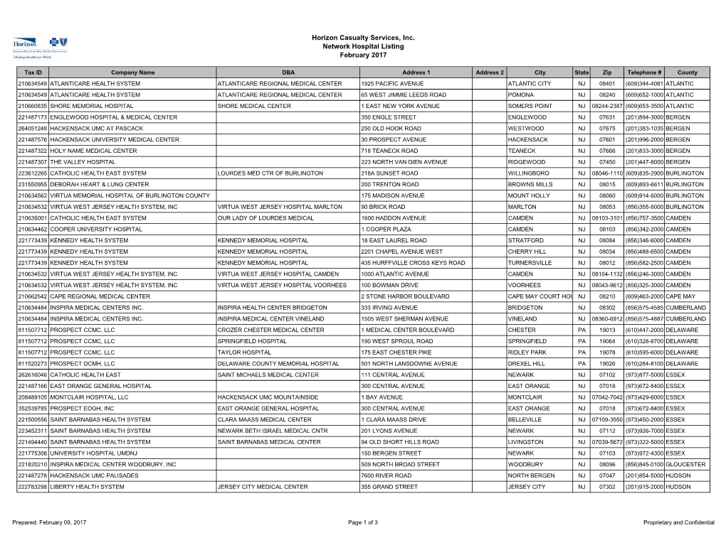 Horizon Casualty Services, Inc. Network Hospital Listing February 2017