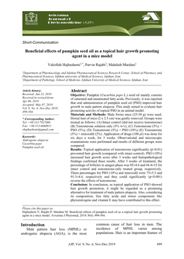 Beneficial Effects of Pumpkin Seed Oil As a Topical Hair Growth Promoting Agent in a Mice Model