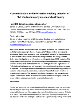 Seeking Behavior of Phd Students in Physicists and Astronomy