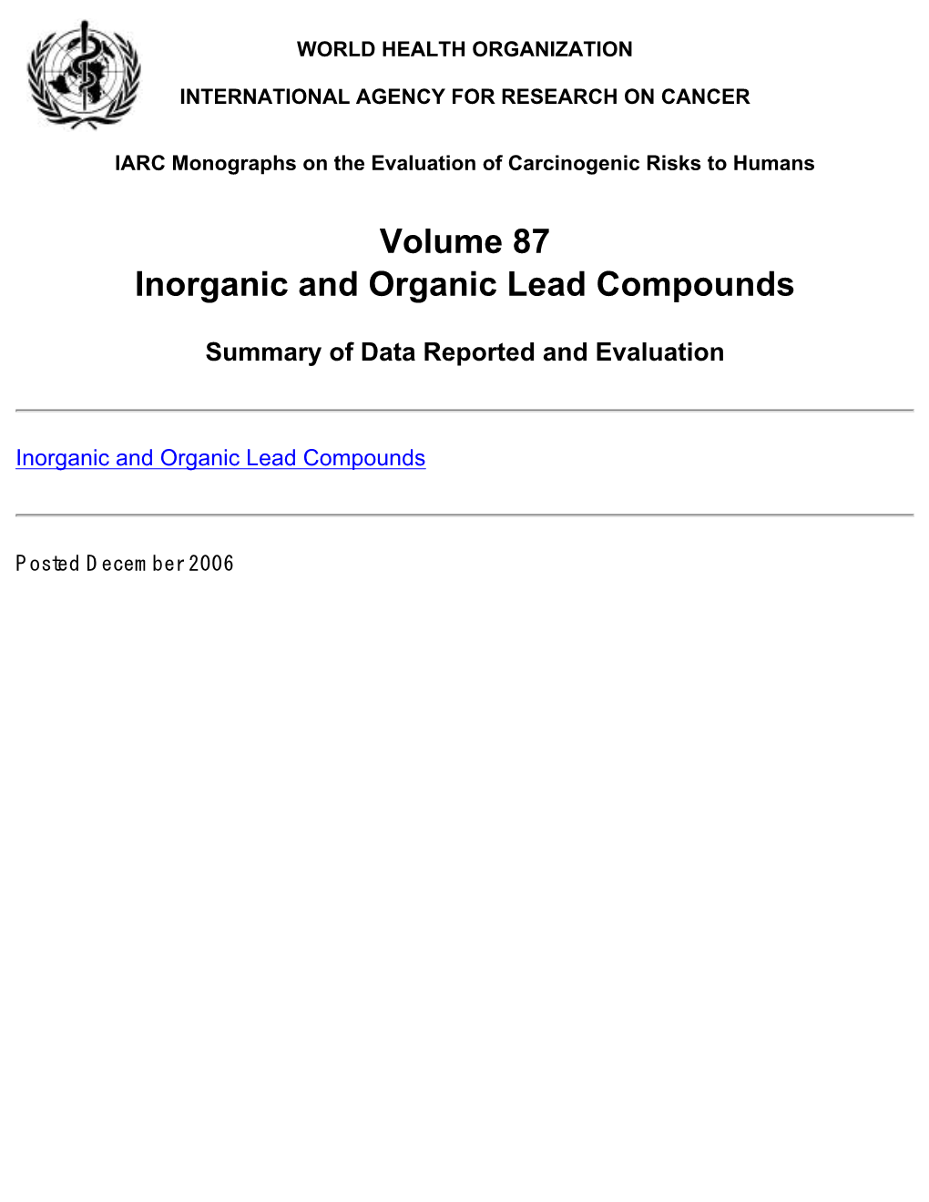 Volume 87 Inorganic and Organic Lead Compounds